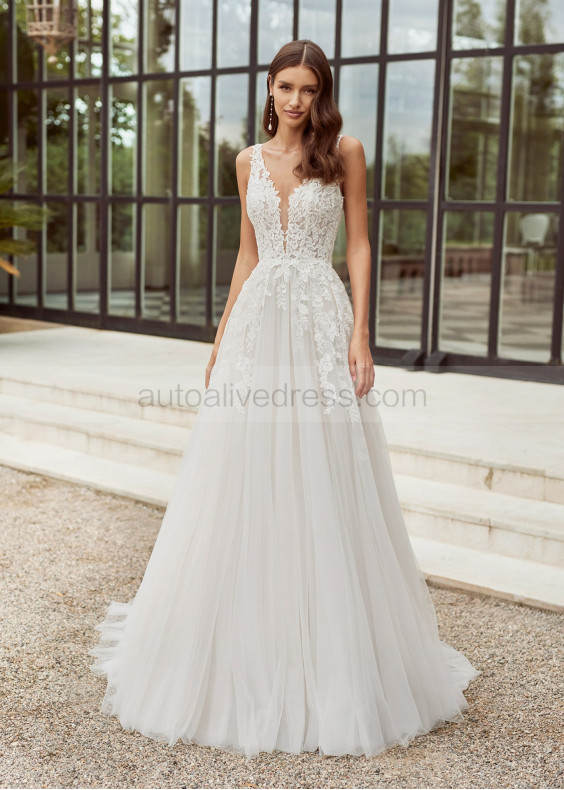 Plunging Neck Ivory Lace Tulle Unique Wedding Dress